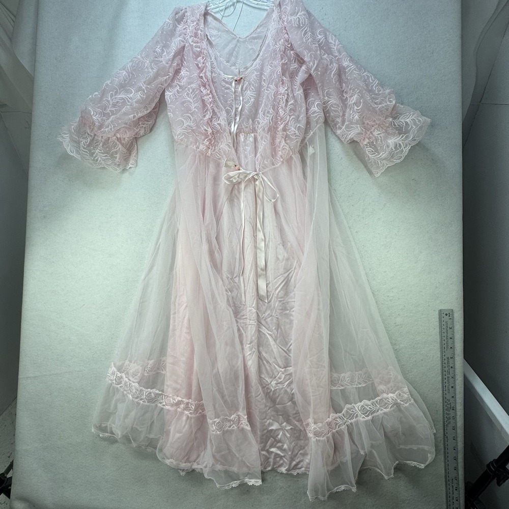 Vintage Tosca Long 2 Pc Nightgown Peignoir Robe Set‎ Small Nylon Pink Lace - Picture 10 of 13